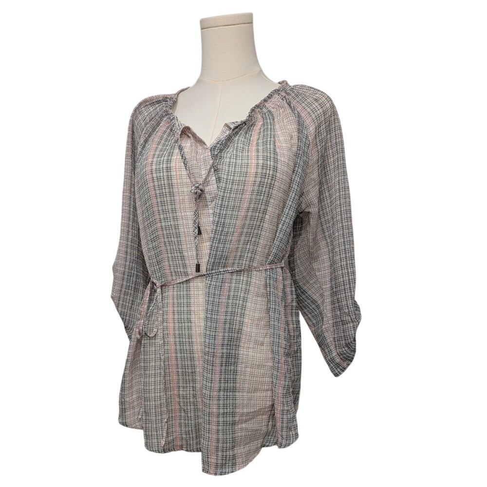 Motherhood Maternity Striped Tie Neck‎ Tunic Blouse Casual Boho Prairie Size L
